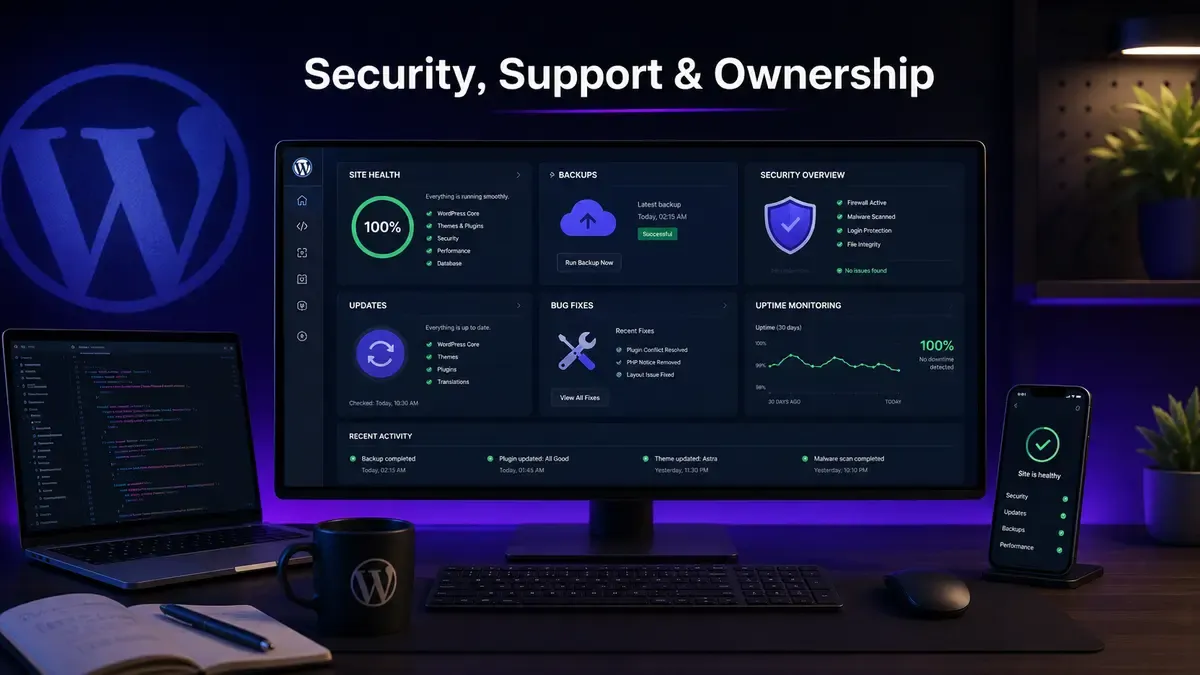 WordPress security, backups, bug fixes, updates and website ownership dashboard