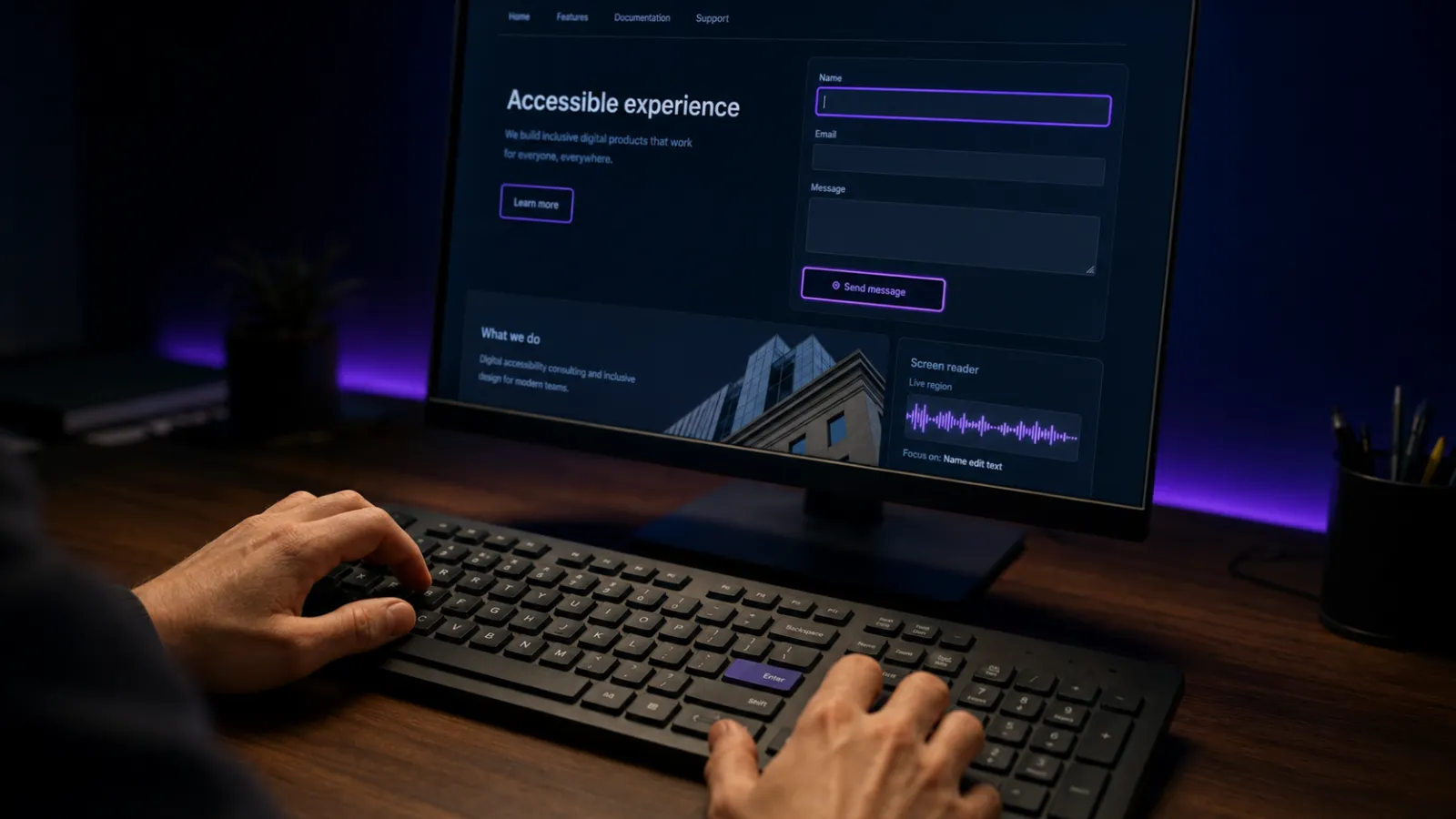 Developer testing keyboard navigation and screen-reader support on a website